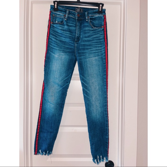 Abercrombie & Fitch high rise jeans with red stripe. Size 27/4. - Picture 2 of 6